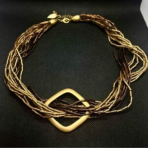 VINTAGE Coldwater Creek GOLD‎ BROWN TONE MULTI STRAND GLASS BEAD BOHO NECKLACE